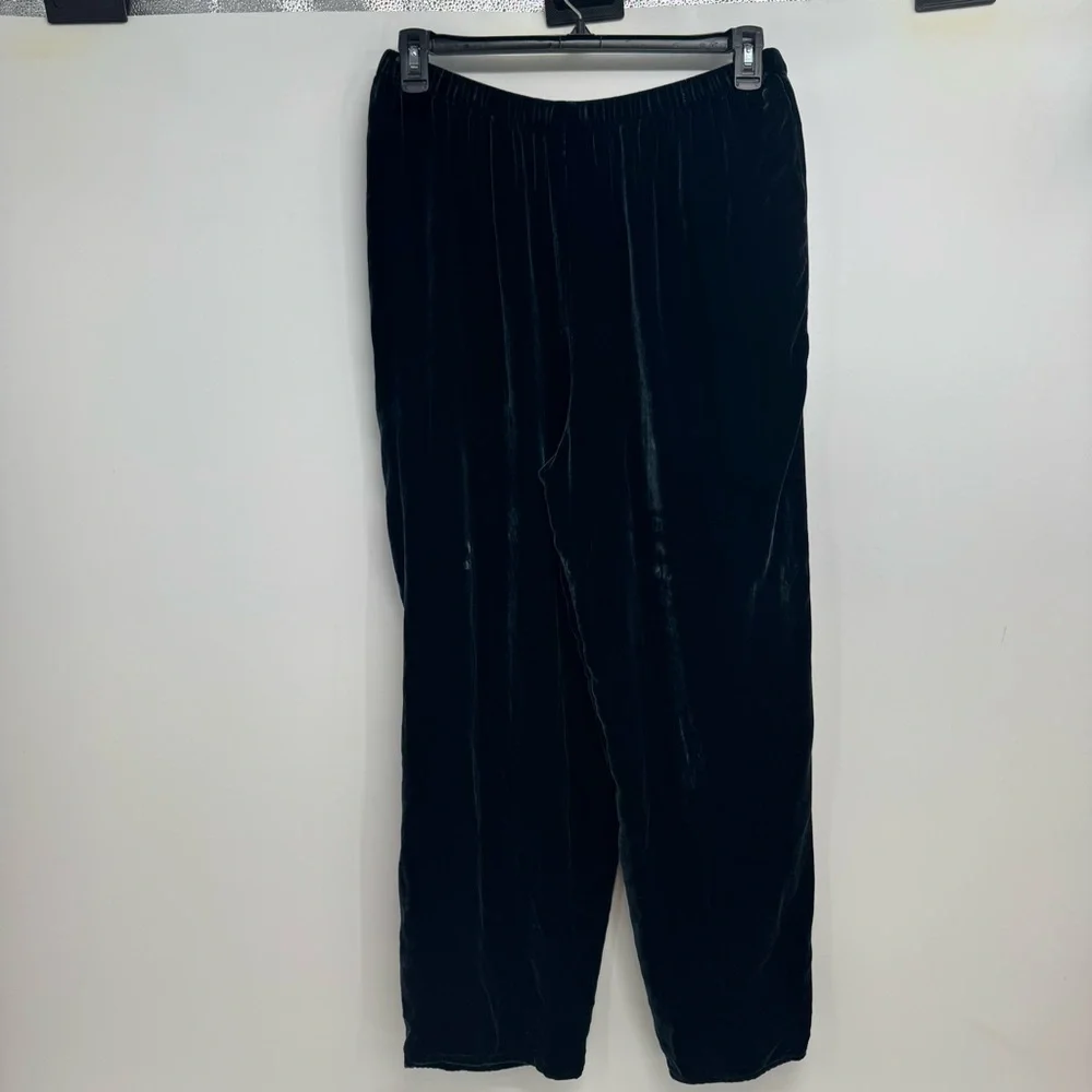 Eileen Fisher Size L Pants High Waist Elastic Waist Green Velvet Silk Blend